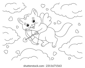 Cute cat cupid. Coloring book page for kids. Cartoon style character. Vector illustration isolated on white background. Valentine's Day.