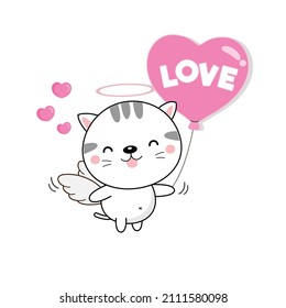 Cute cat cupid holding pink ballon.