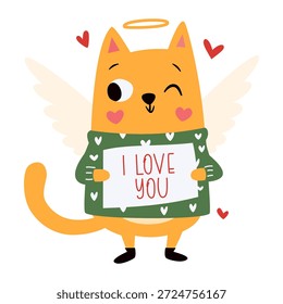 Un lindo gato cupido con alas usando un suéter con un letrero que dice "Te amo". Una Ilustración vectorial plana sobre el tema del Día de San Valentín.