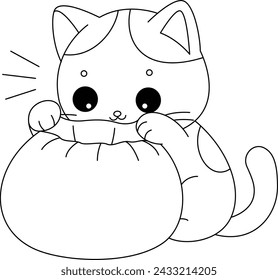 The cute cat is curiously looking into the bag coloring page 
