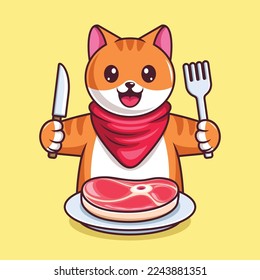 Cute cat with cutlery eats a piece of meat cartoon illustration