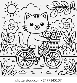 Cute Cat Cycling In Park coloring page for kids. Kids Coloring Page Black And White Hand Drawn.