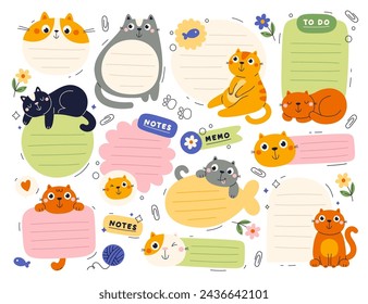 Cute cat and dairy, notes, memo cards, planner stickers template isolated set. Checklists, to-do listbook, agenda, schedule with funny lazy domestic pet animal decoration vector illustration