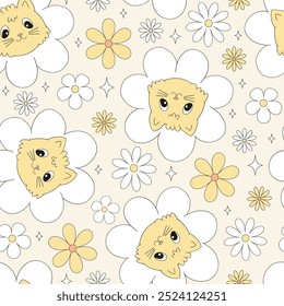 Cute cat daisy flower vector seamless pattern. Floral cat background. 