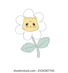 Cute cat daisy flower vector clip-art isolated on white. Cat vibes illustration