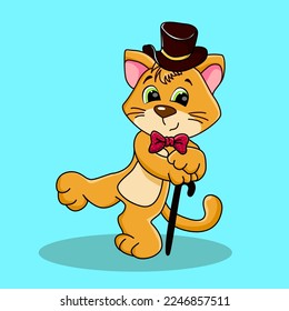 Cute cat dancer isolated on blue background.  Cartoon vector illustration style.  Happy Animals Set. Design for children's books, print, poster, cards , fabric.
