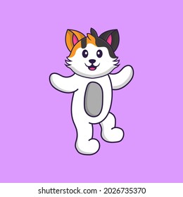 Cute cat is dancing. Animal cartoon concept isolated. Can used for t-shirt, greeting card, invitation card or mascot.