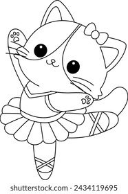 Cute cat is dancing coloring page. Kawaii animal illustration colouring book for kids.
