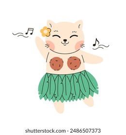 Cute cat dancing. Hawaiian dancer. Summer time, summer holidays, vacation. Vector illustration in flat style