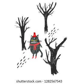 Cute cat in a dark forest