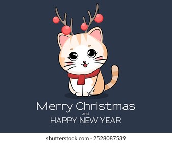 Cute cat with deer antlers. Merry Christmas and Happy New Year background, greeting card, poster, holiday cover. Xmas template in modern minimalist style for web, social media, print
