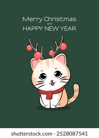 Cute cat with deer antlers. Merry Christmas and Happy New Year background, greeting card, poster, holiday cover. Xmas template in modern minimalist style for web, social media, print