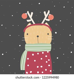Cute cat with deer horns. Christmas card. Vector hand drawn illustration.