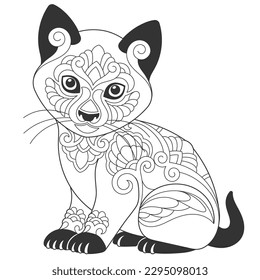 Cute cat design. Animal coloring page with mandala and zentangle ornaments