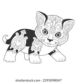 Cute cat design. Animal coloring page with mandala and zentangle ornaments