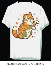 Diseño lindo del gato en la camiseta blanca con acentos florales