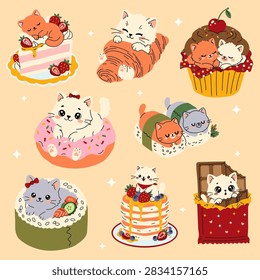 Cute Cat Dessert Seamless Pattern with Kittens and Sweet Food Illustrations