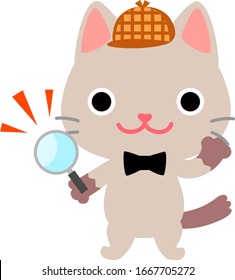 Cute cat detective holding a magnifying glass