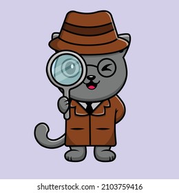 Cute Cat Detective With Magnifying Glass Cartoon Vector Icon Illustration. Animal Icon Concept Isolated Premium Vector. Flat Cartoon Style