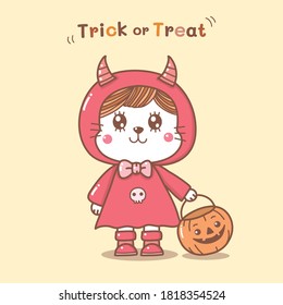 cute cat in devil costume cartoon hand draw for Halloween day.
