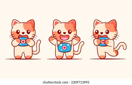 Cute cat in different action: running happily, happy and smiling with camera in hand. Mascot design illustration. Vector design character set.