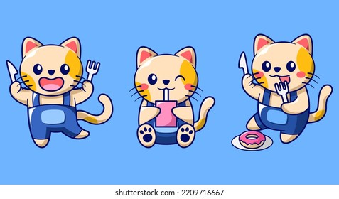 Cute Cat In Different Activities: Fork And Spoon In Hand, Drinking Juice And Eating Some Donut. Animal Food Concept. Mascot Design Illustration. Vector Design Character Set.