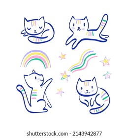 Cute Cat In Different Poses Play Run Sleep Sit Among Rainbow Fallen Stars Vector Illustration Set Isolated On White. Childish Felt Pen Hand Drawn Blue Contour Kitten Print Collection.