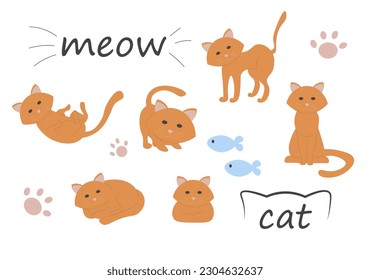 cute cat in different poses. Vector cartoon flat illustration. A red cat on a white background.
