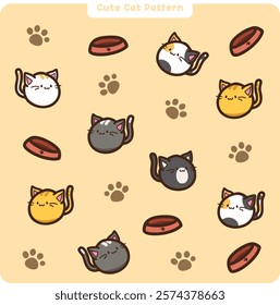 Cute Cat with Different Stripe Tipes, Cat Pattern, Cute Paw, on Brown Background, Plushie Cats Pattern.