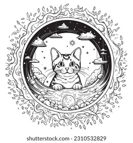 a cute cat discovering a secret portal to a different dimension, Black and white coloring pages for kids, simple lines, vector 