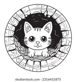 a cute cat discovering a secret portal to a different dimension, Black and white coloring pages for kids, simple lines, vector 
