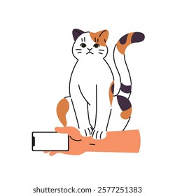 Cute cat disturbs the owner, sits on hand with phone. Funny kitten annoys, asks attention. Happy pet seeking love. Amusing domestic animal. Flat isolated vector illustration on white background