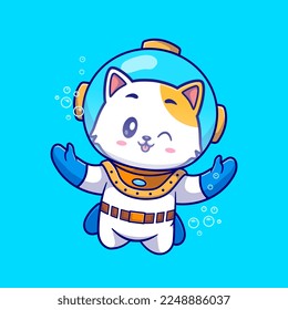 Cute Cat Diver Cartoon Vector Icon Illustration. Animal Sport Icon Concept Isolated Premium Vector. Flat Cartoon Style
