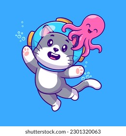 Cute Cat Diving With Octopus Cartoon Vector Icon Illustration. Animal Holiday Icon Concept Isolated Premium Vector. Flat Cartoon Style