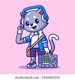 Cute Cat DJ Playing Music Cartoon Vector Icon Illustration. Animal Music Icon Concept Isolated Premium Vector. Flat Cartoon Style
