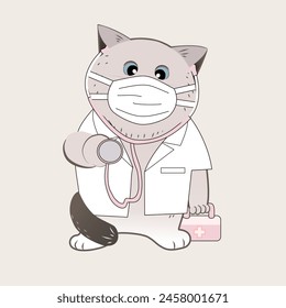 cute cat doctor character vector illustration with mask, medical gown, stethoscope and medical bag.