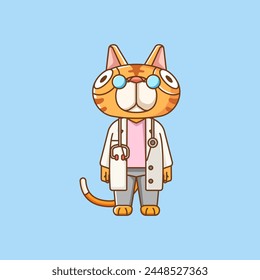 Cute cat doctor medical personnel chibi character mascot icon flat line art style illustration concept cartoon set