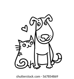 cute cat   dog  best friends  vector illustration