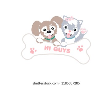 Cute cat and dog with bone - sign. Friendly logo isolated on white 