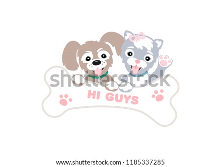 Cute cat and dog with bone - sign. Friendly logo isolated on white 