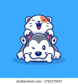 Cute Cat And Dog With Bone Vector Icon Illustration. Animal Icon Concept Isolated Premium Vector. Flat Cartoon Style 