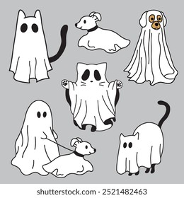 Cute Cat and Dog Boo Halloween Vector