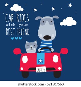 Cute Cat And Dog In The Car Vector Illustration