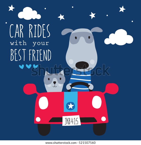 cute cat and\
dog in the car vector\
illustration