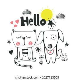 cute cat and dog .cartoon hand drawn vector illustration. Can be used for baby t-shirt print, fashion print design, kids wear, baby shower celebration greeting and invitation card.