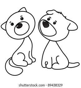 cute cat  and dog cartoon, line art, coloring