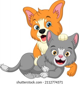 Cute cat and dog cartoon playing together