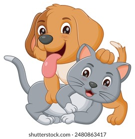 Lindo Gato Y Perro Dibujos Animados Jugando Juntos. Icono de Naturaleza animal concepto de Vector Premium aislado. Ilustración vectorial