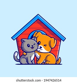 Cute Cat And Dog Cartoon Vector Icon Illustration. Animal Friend Icon Concept Isolated Premium Vector. Flat Cartoon Style