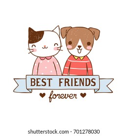 Cute cat and dog characters with text best friends forever. Isolated on white background. Flat design. Vector illustration.